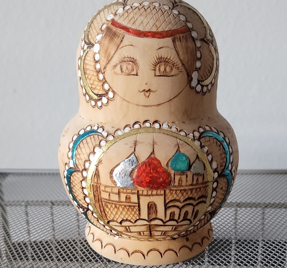 ​Hand-Burned Natural Wood Russian Matryoshka - Unique 7-Piece Set from Moscow.
